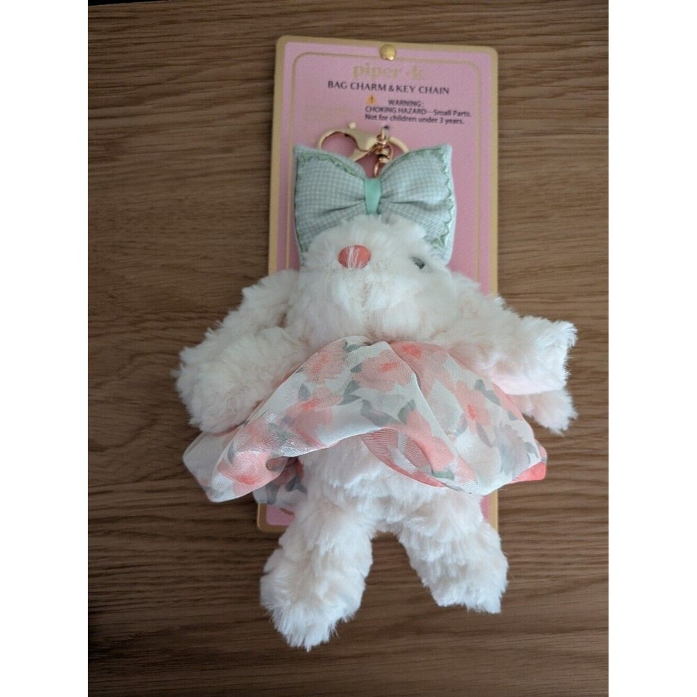 Plush Bunny Bag Charm Key Chain - Cream with Pink Floral Dress